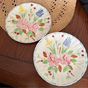 2 BLUE RIDGE POTTERY WALTZ TIME 8 1/4" LUNCHEON PLATES SOUTHERN FLORAL BLUE TRIM